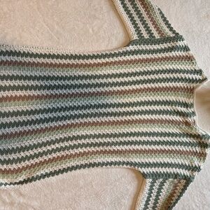 Striped Crochet Knit Long Sleeve Sweater Dress - Cream, Green & Brown